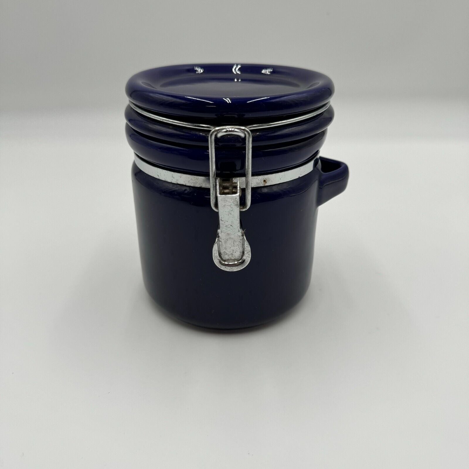 Set of 2 Kitchen Storage Canisters Blue Ceramic Metal Clasp 8” & 6” by 5”