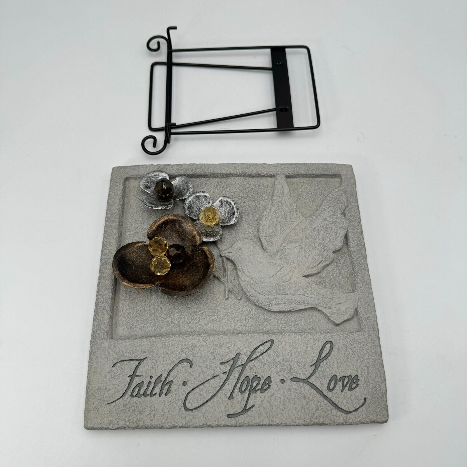 Christian 10x10 Stone Plaque Easel Stand & Wall Hook Faith Hope Love Dove Decor