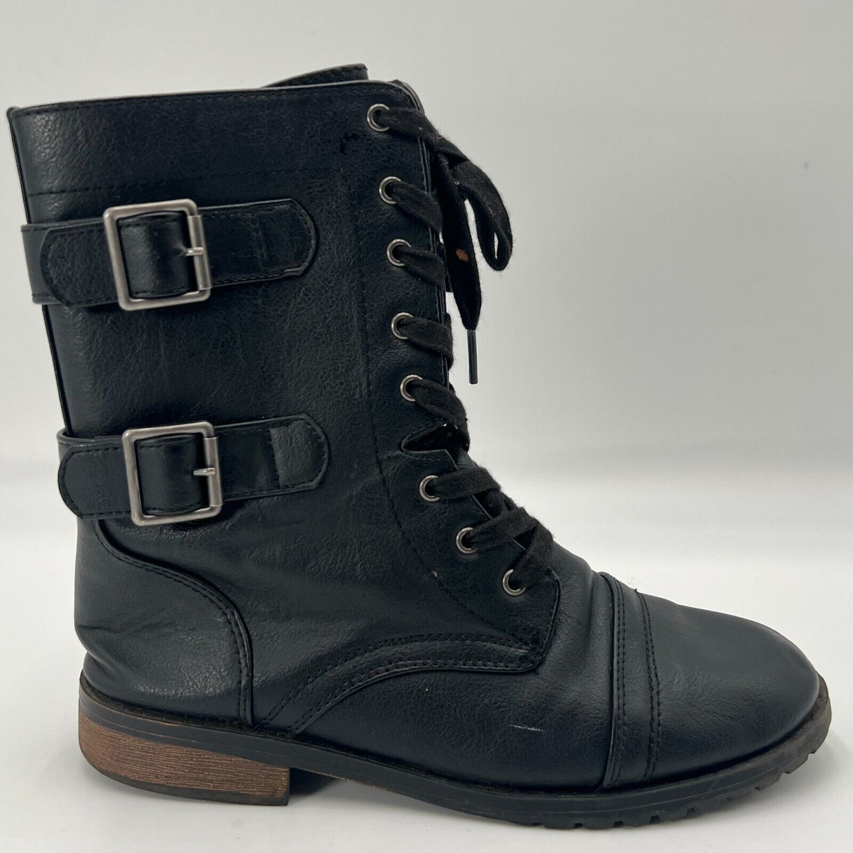 Self Esteem Metro Games Black Combat Boots Lace Up Zipper Buckles Women's Size 8