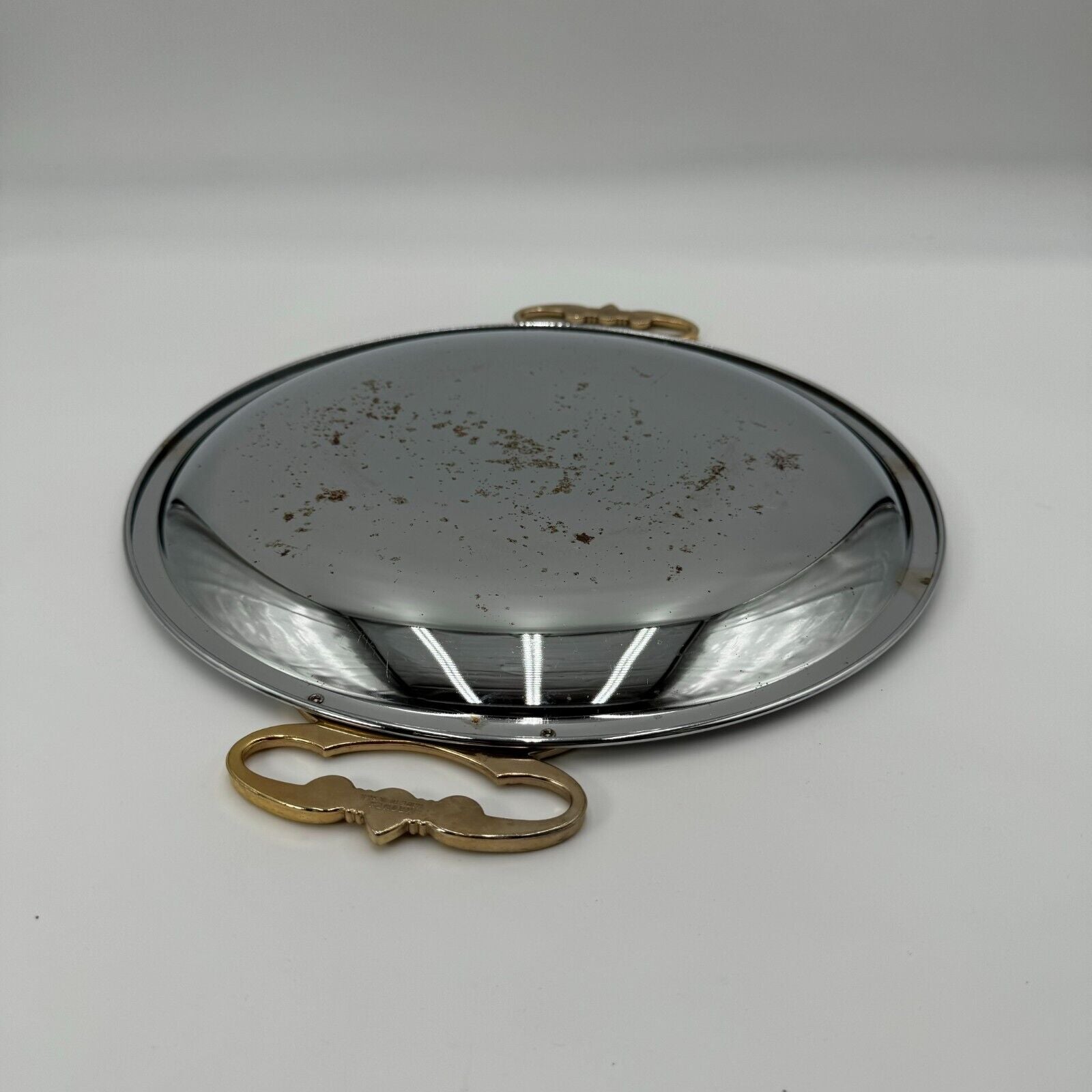 VINTAGE KROMEX CHROME METAL SERVING TRAY PLATTER ROUND WITH BRASS HANDLES 13.5"