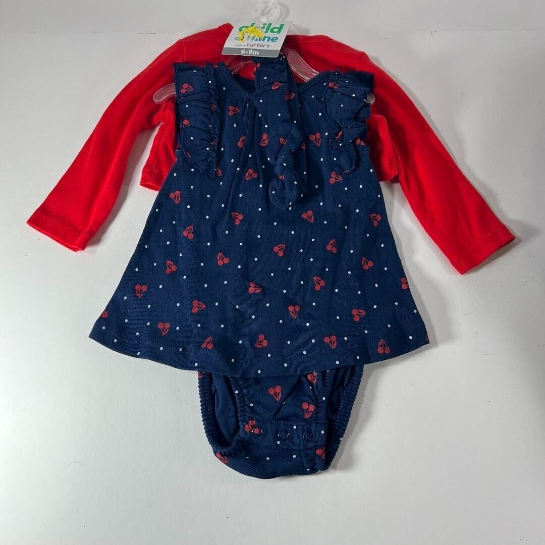 Carter’s Baby 6-9m 3 piece Navy Cherry Print Skirt Red Button Top - New w/ Tags