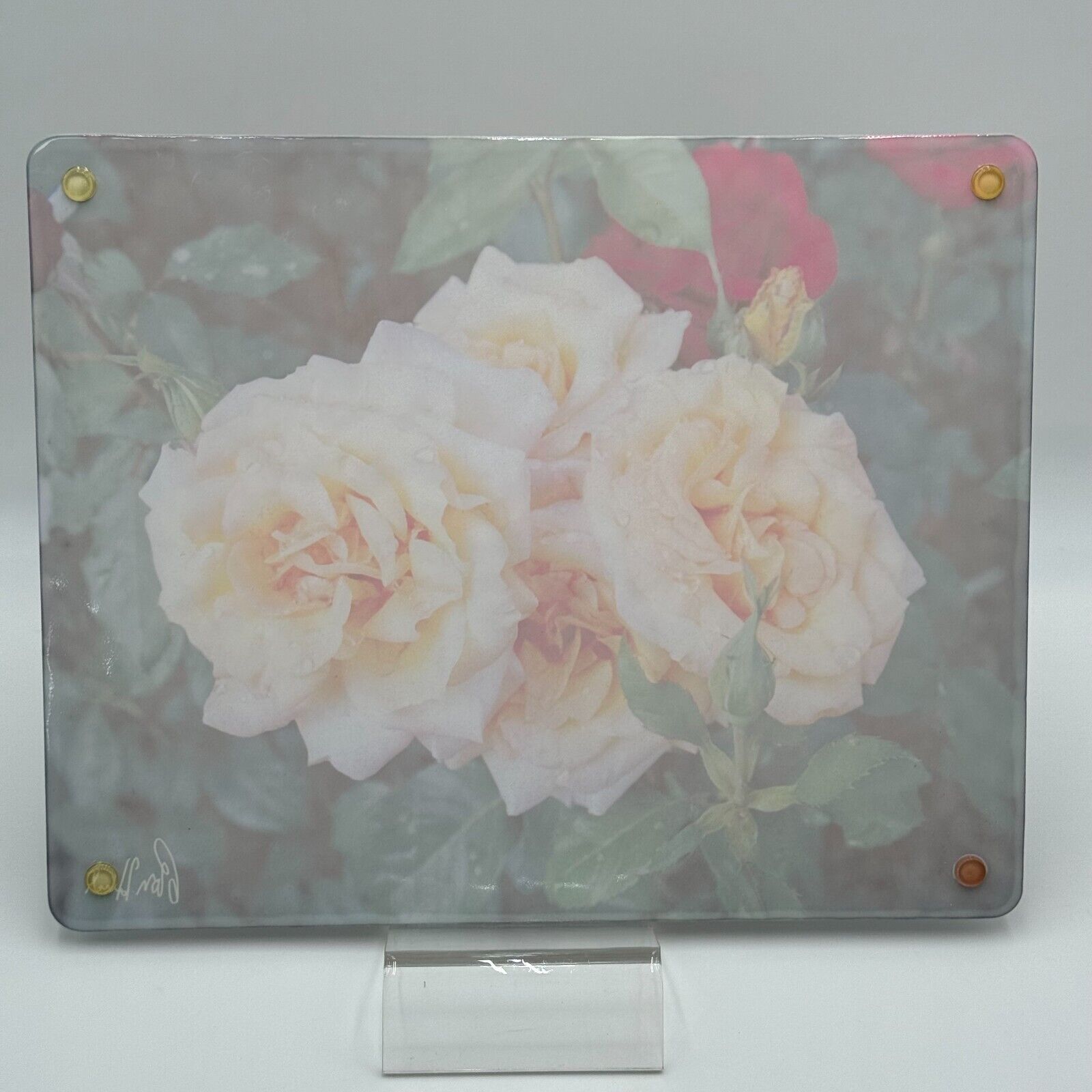 Glass Cutting Board 12x15in Pink Roses Printed Picture Signed Kitchen Art New