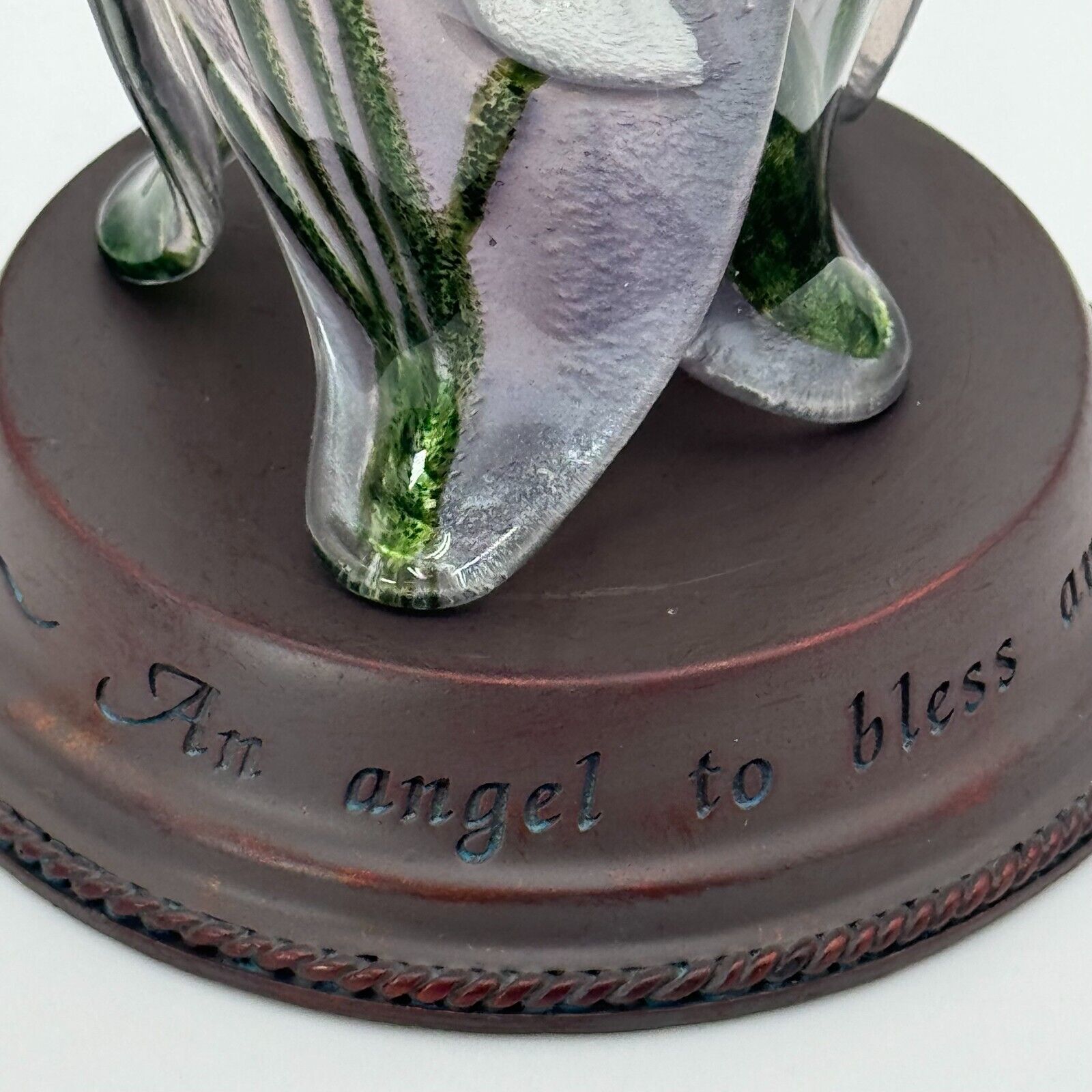 December 11in Glass Angel Figurine Flower Metal Stand Engraved Bless Protect NIB