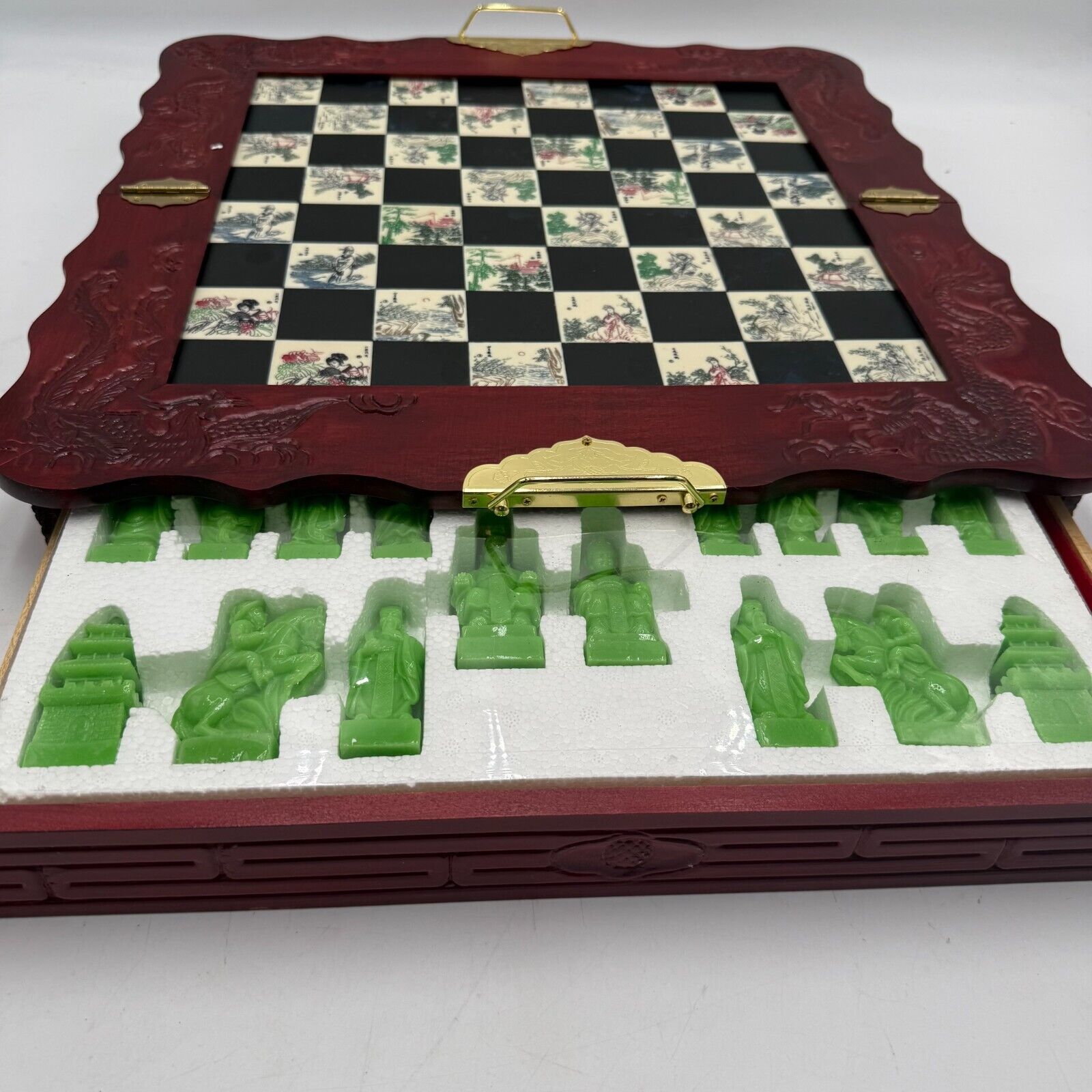 Asian Emperor’s Court Chess Set Fold Board Drawers Carved Jade & Mahogany Pieces