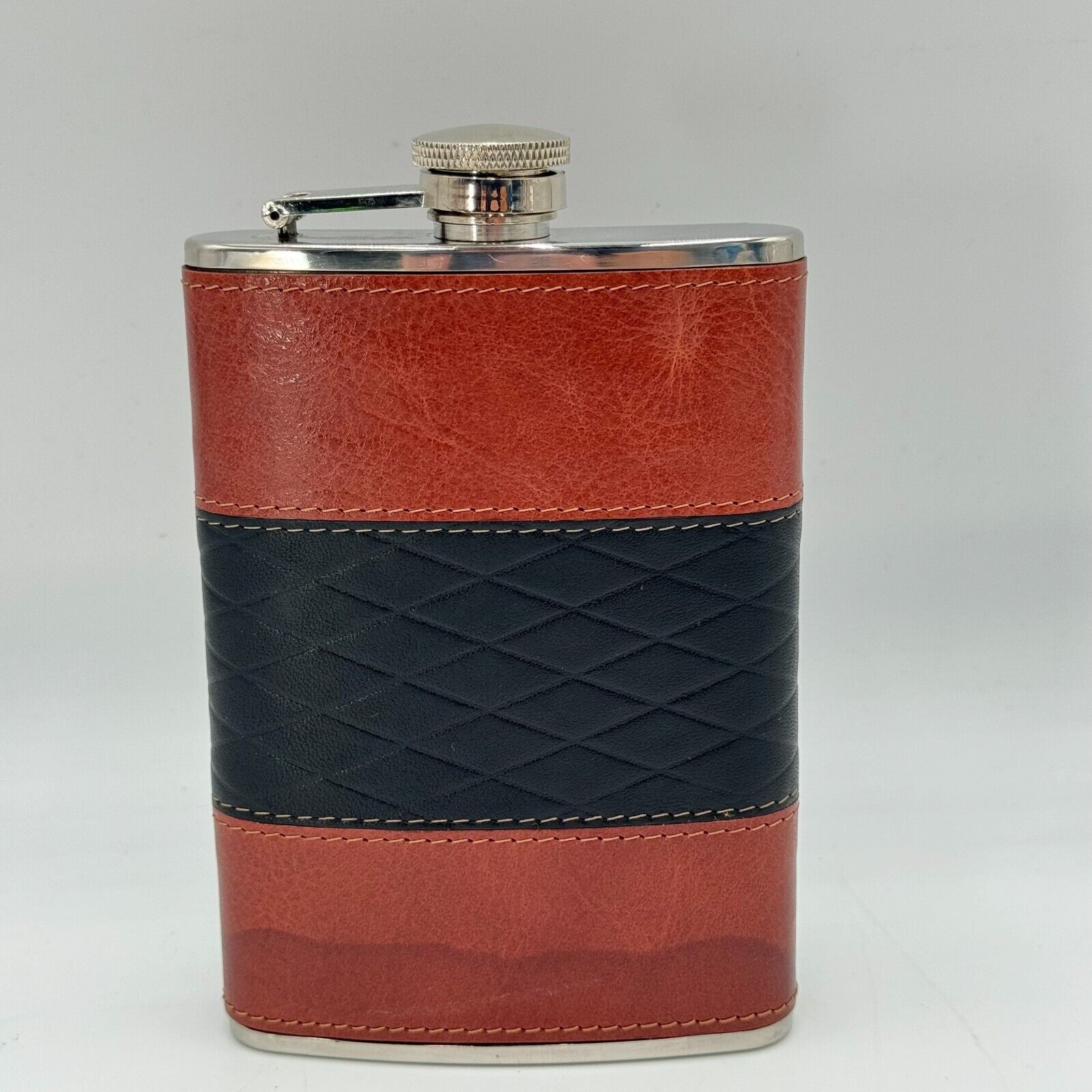 8oz Stainless Steel Flask Genuine Leather Gripper Elastic W/ Metal Screw On Lid