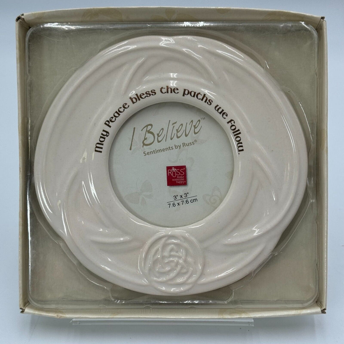 Russ I Believe Sentiments 3x3 in Round Photo Frame White Ceramic NEW