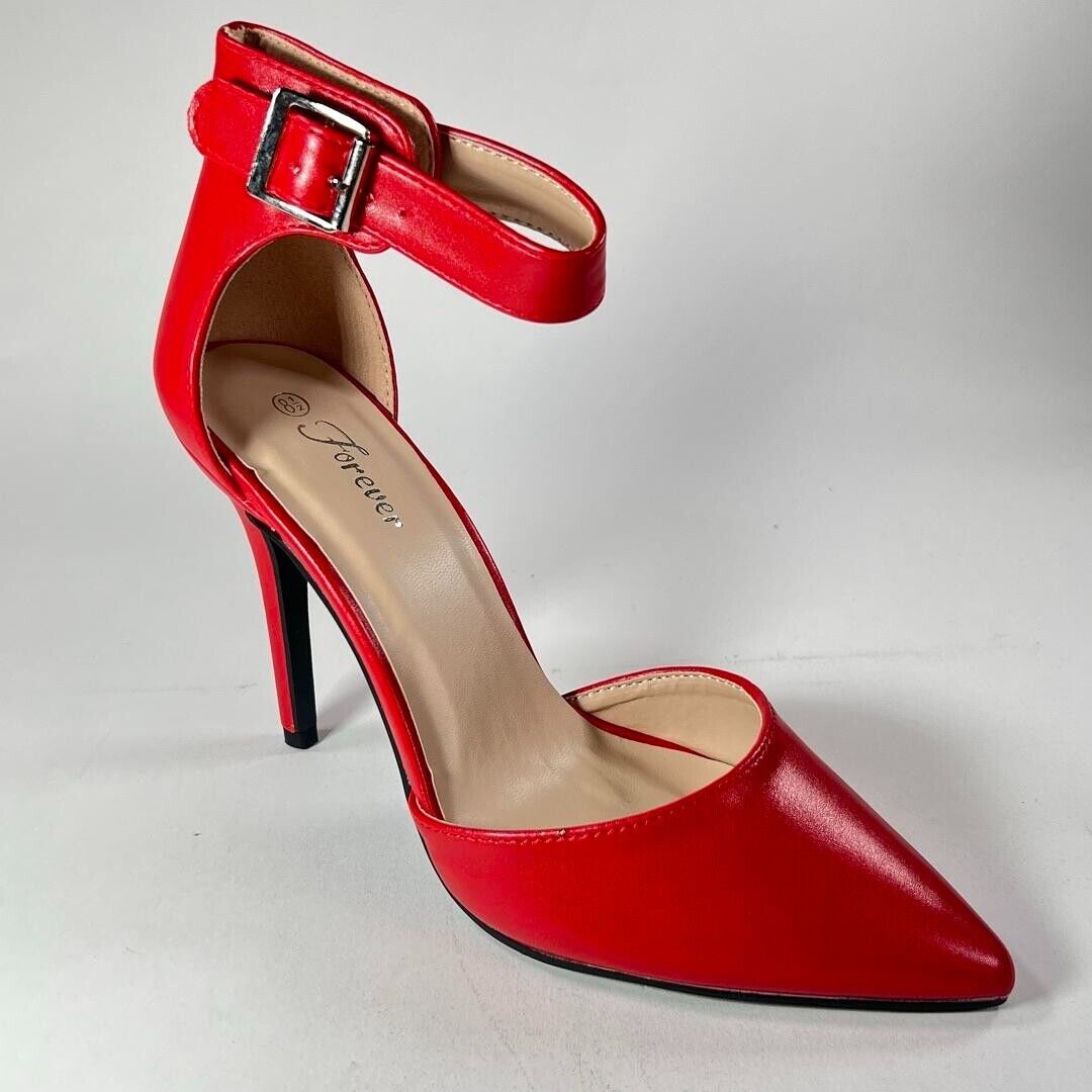 Forever Red Smooth Shiny Leather 4 inch Heels Pointed Toe Ankle Strap Siz 8.5