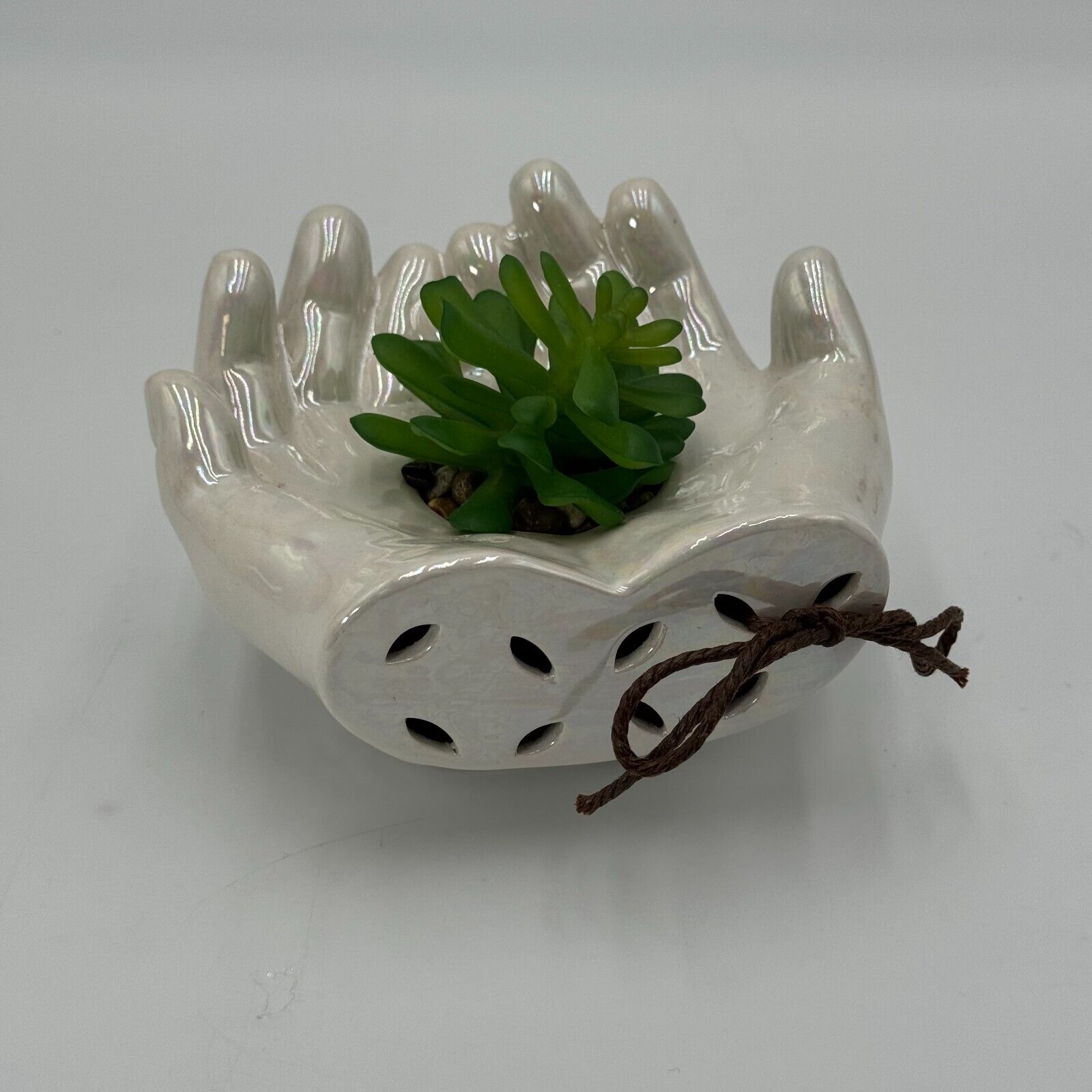 Ceramic Cupped Hands Holding Succulent in Rocks Artificial Fake Plant While Pot