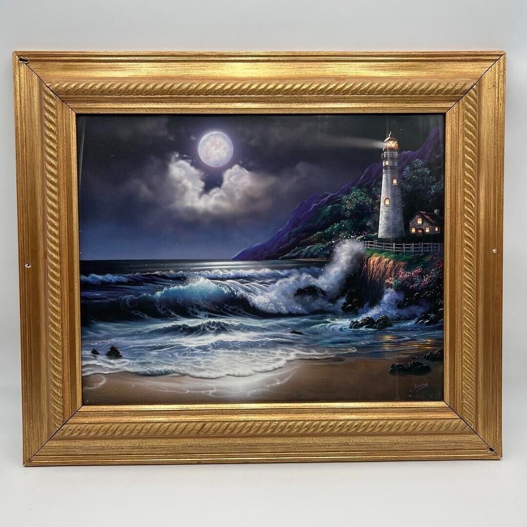 Lighthouse 2 Painting by Steve Sundram 16x20 Print Glass Wood Framed ~22x26”