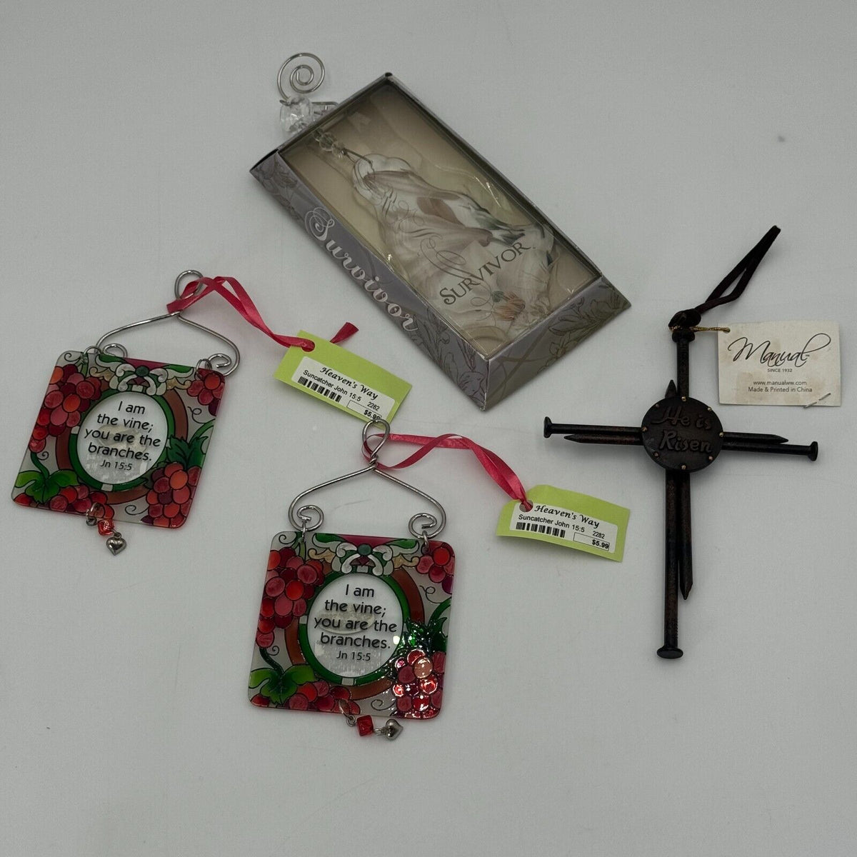 Lot of 4 Christian Ornaments Hangong Art Floral Stained Art Metal Nail Cross New