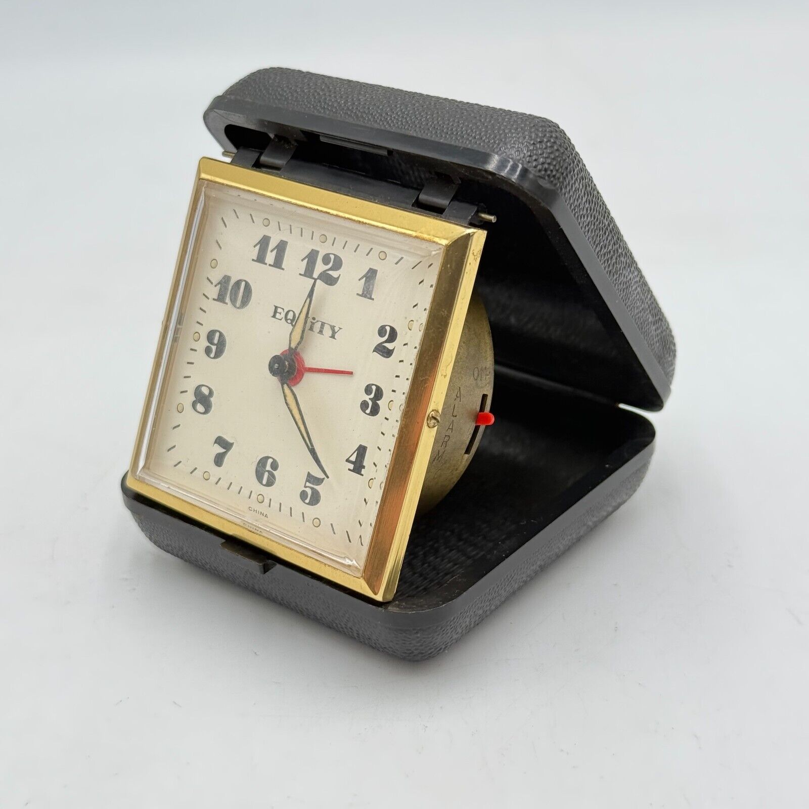 Vintage EQUITY FOLDING TRAVEL ALARM CLOCK Wind Up Black Case