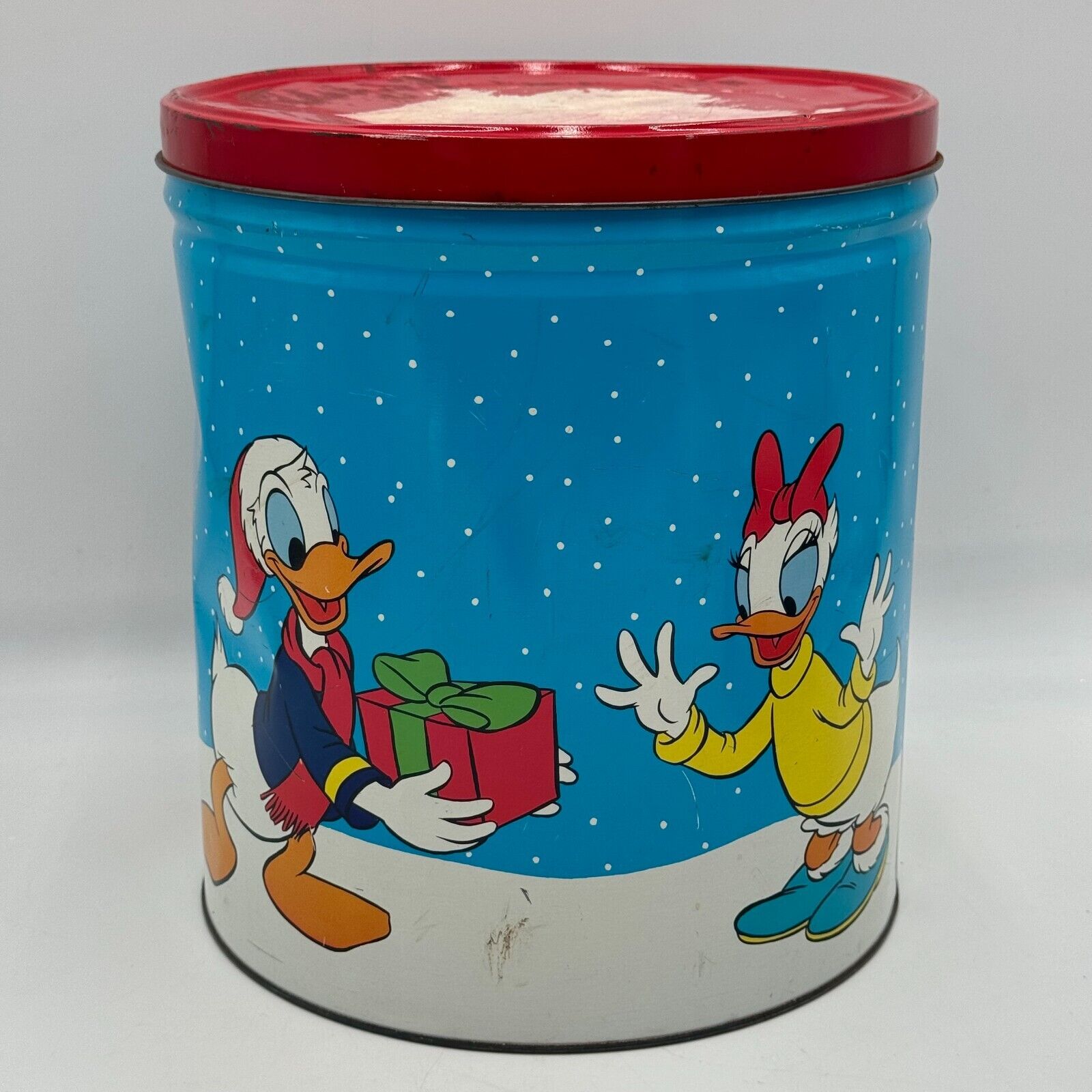 2 Large Christmas Popcorn Tins Snowy Farmhouse 11in Disney Mickey Minnie Donald