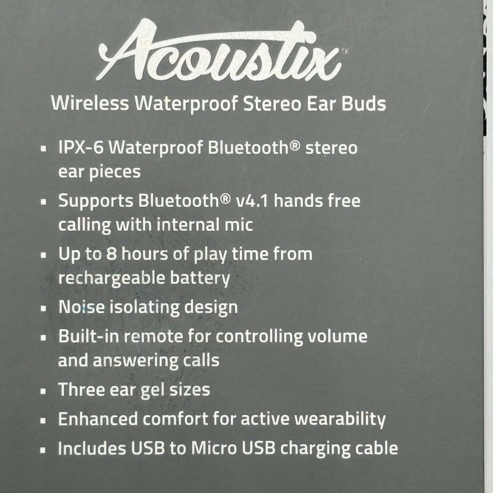Acoustix Earbuds Waterproof Headphones Wireless Stereo IPX-6 Active Comfort