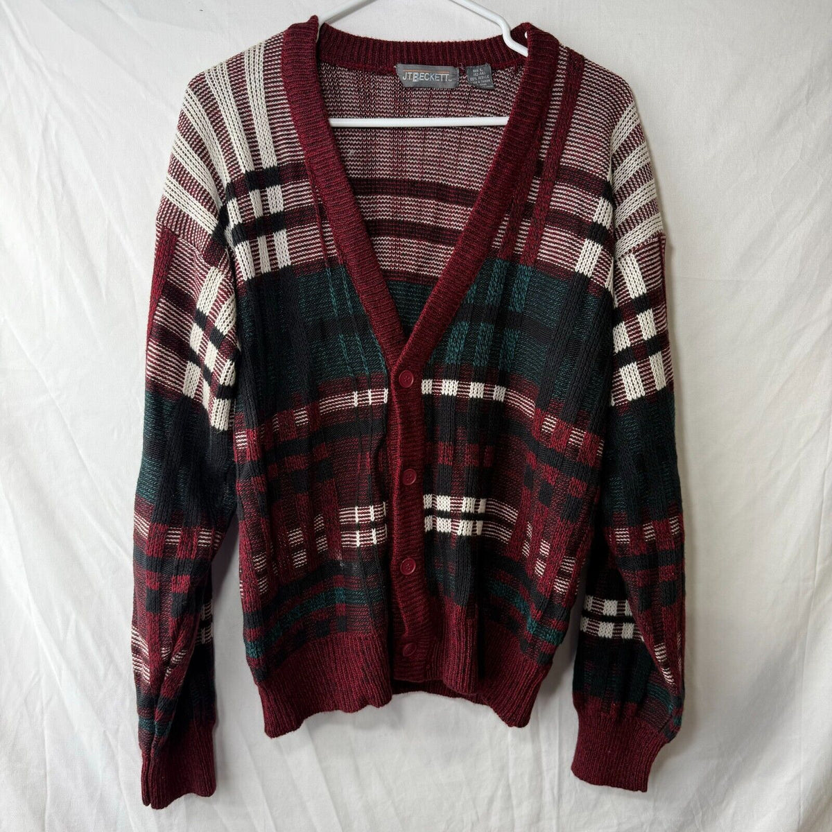 Vintage 80s J.T Beckett Unisex Vneck Button Plaid Cardigan Sweater Holiday Sz L