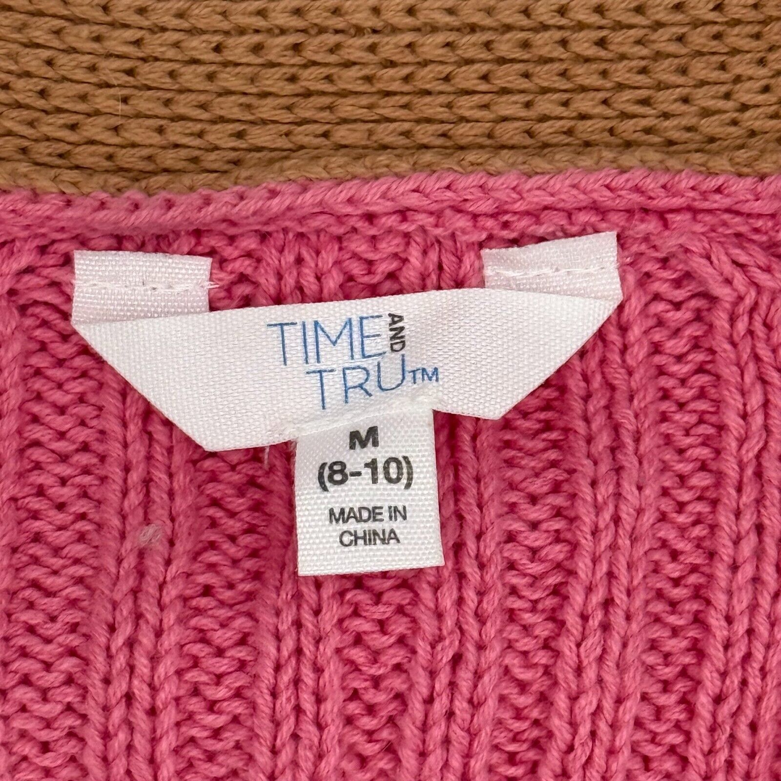 Time and Tru 3 Button V-neck Knit Sweater Pockets Beige Pink Womens Size M 8-10