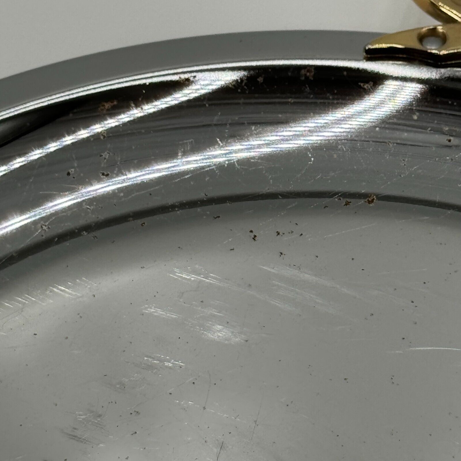 VINTAGE KROMEX CHROME METAL SERVING TRAY PLATTER ROUND WITH BRASS HANDLES 13.5"