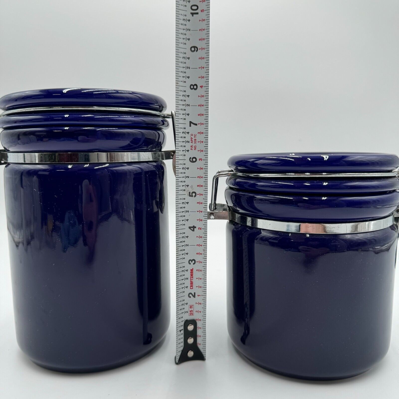 Set of 2 Kitchen Storage Canisters Blue Ceramic Metal Clasp 8” & 6” by 5”