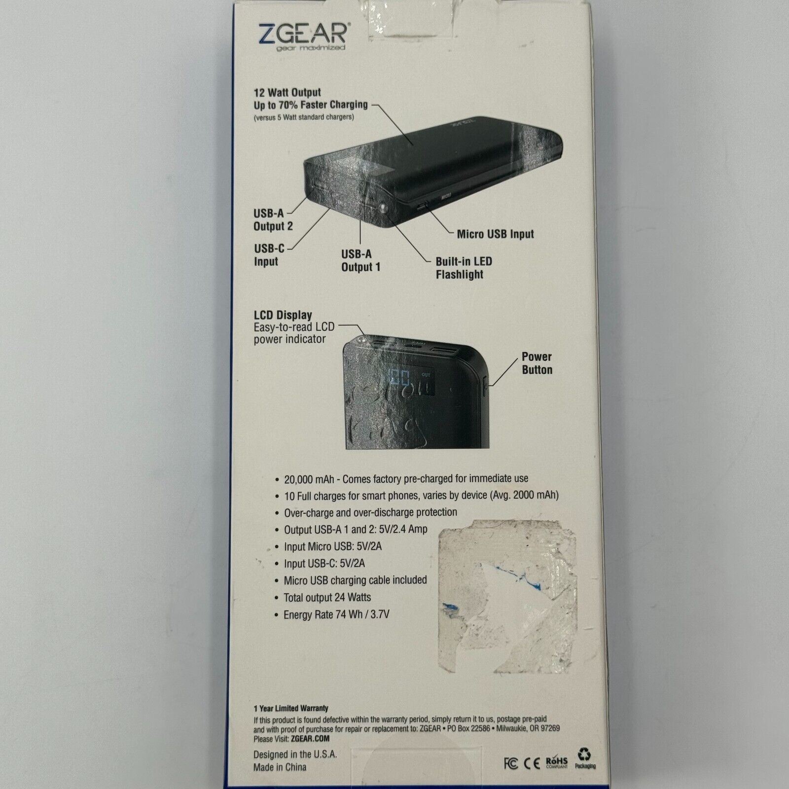 ZGEAR 20,000 mAh High Capacity Power Bank With LCD Display