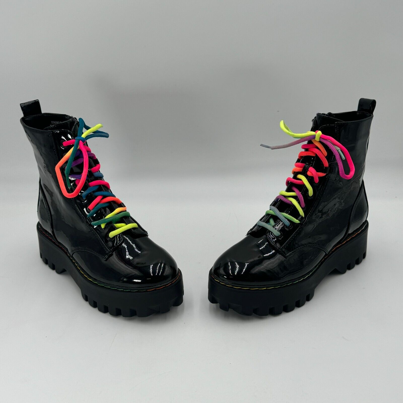 Bamboo Platform Combat Boots Glossy Black Leather Rainbow Women's Size 10 US