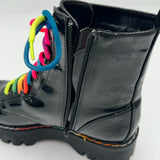 Bamboo Platform Combat Boots Glossy Black Leather Rainbow Women's Size 10 US