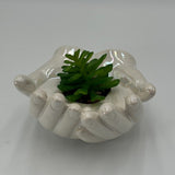 Ceramic Cupped Hands Holding Succulent in Rocks Artificial Fake Plant While Pot