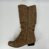 Leather Suede Boots Brown Mid Calf Ankle Buckle Side Zip Black Sole Womens Size