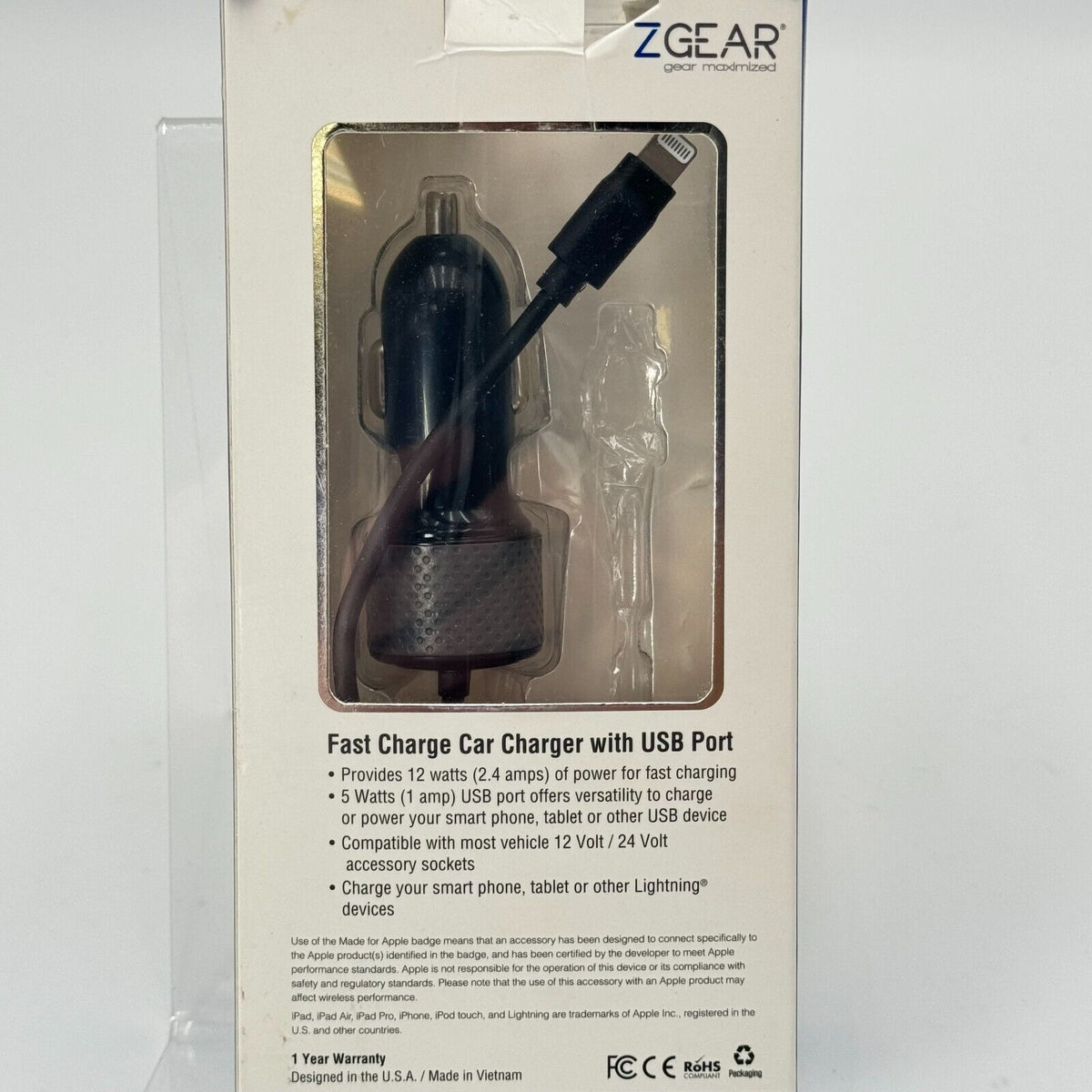 Zgear iPhone Car Fast Charger 12v Plug iPhone Tip USB Port 6’ Coil Cord 17W