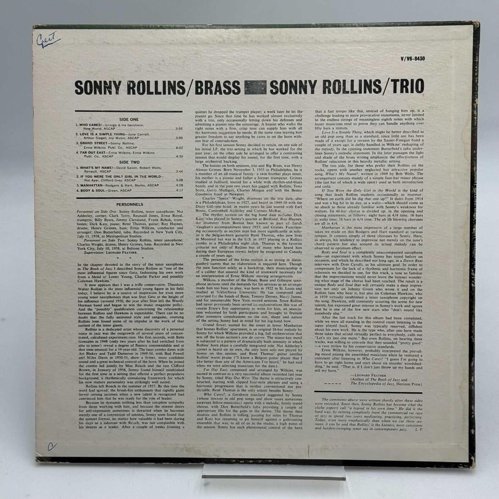 Sonny Rollins Trio Brass V-8430 Rare Vinyl LP Verve, 1962 JAZZ