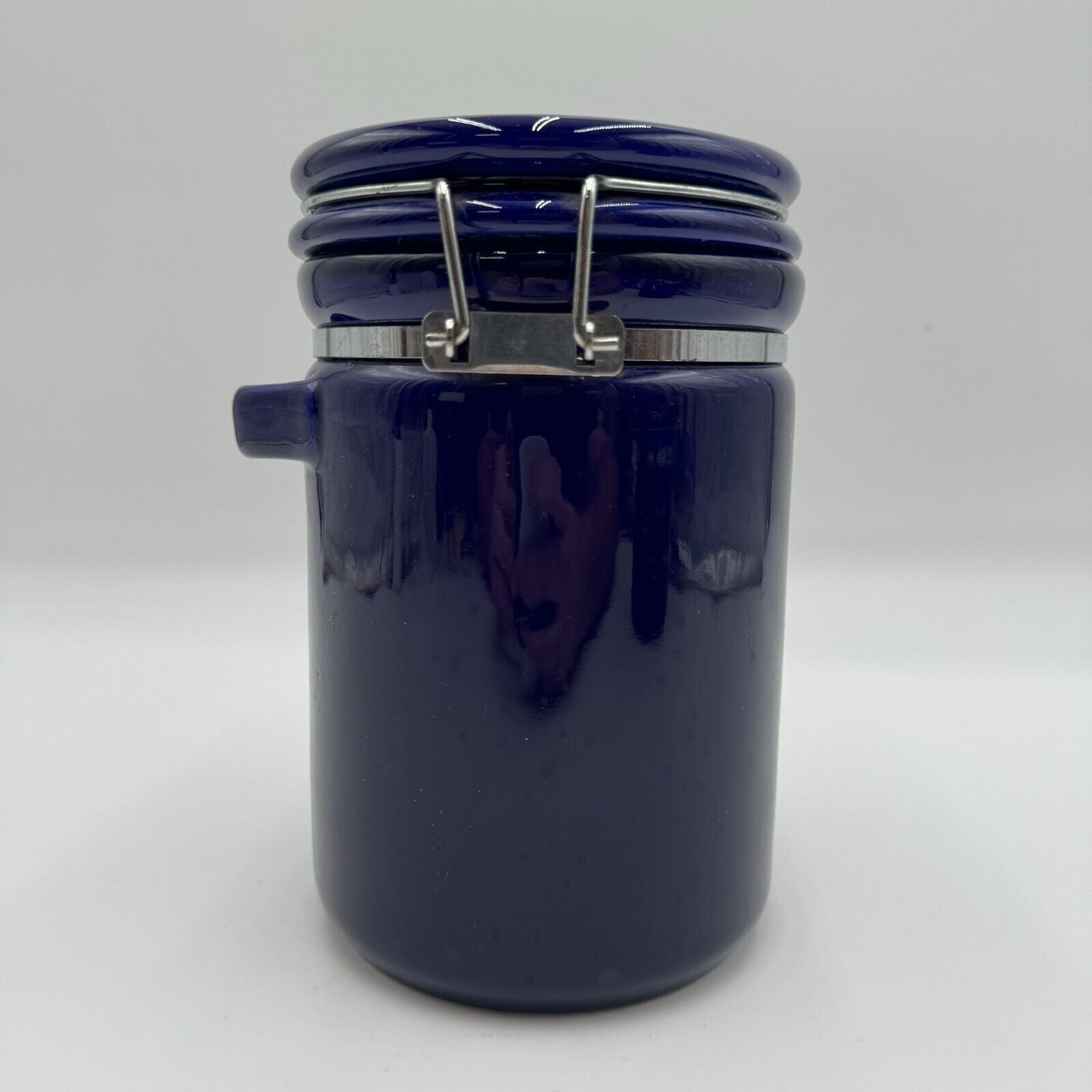 Set of 2 Kitchen Storage Canisters Blue Ceramic Metal Clasp 8” & 6” by 5”