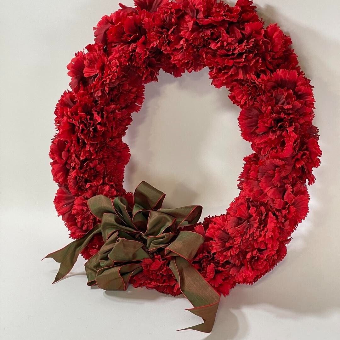 16” Red Wreath Red Faux Flower with Green Bow