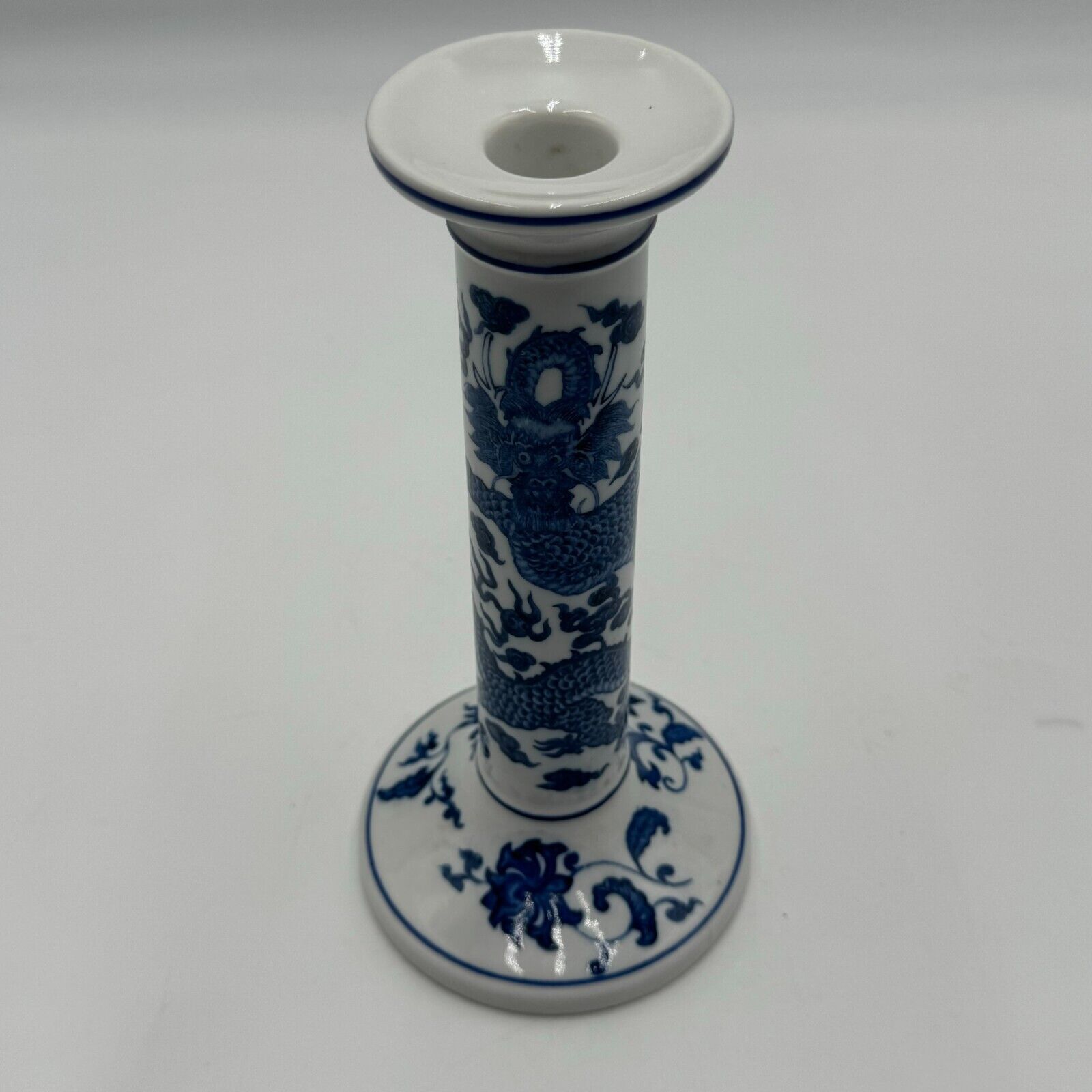 Andrea By Sadek Blue And White Ceramic Dragon Candlesticks 8in Vintage Chinese