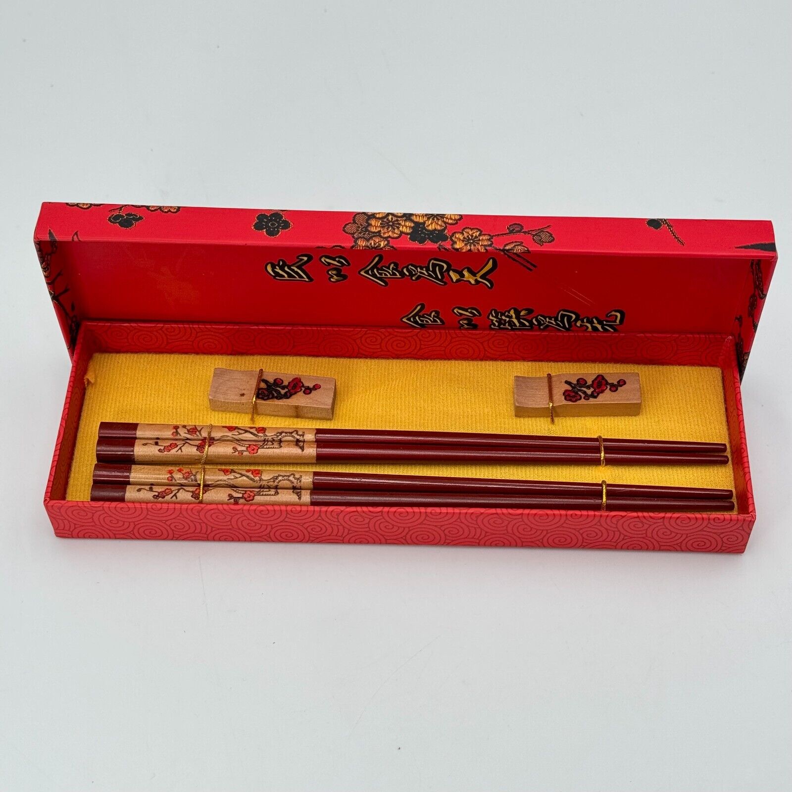 Authentic Chinese Chopsticks & Rests From China Red Floral Decorative Design NIB