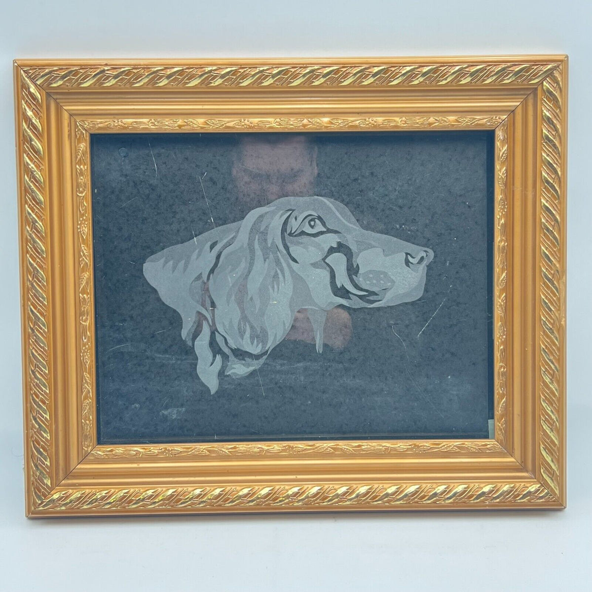 Framed Dog White Etching on Black Matte 11x14 Art Glass Cover Wood Frame ~16x19”