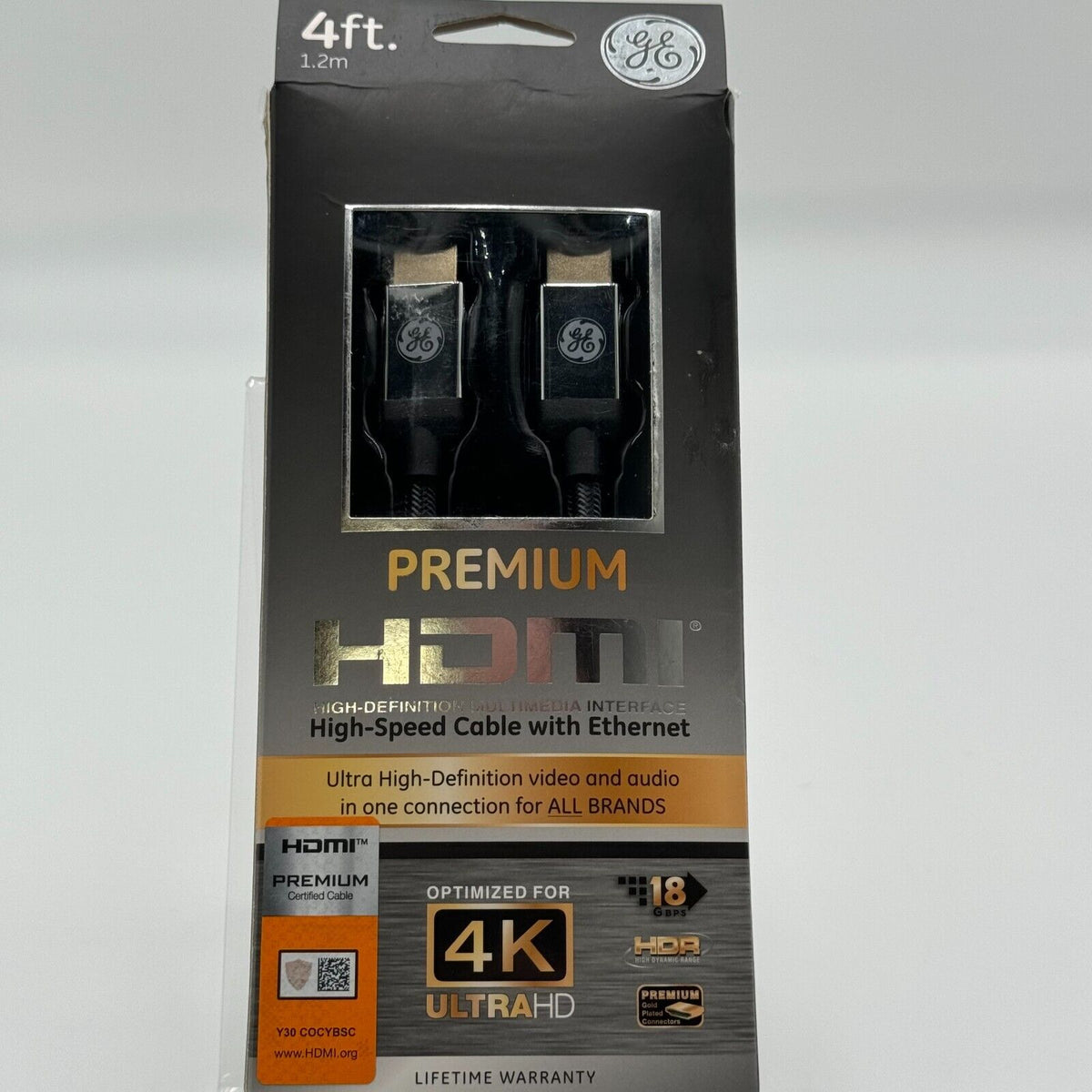 GE 4' Premium HDMI High-Speed Cable with Ethernet 4K Ultra HD 18GBPS Gold Plate