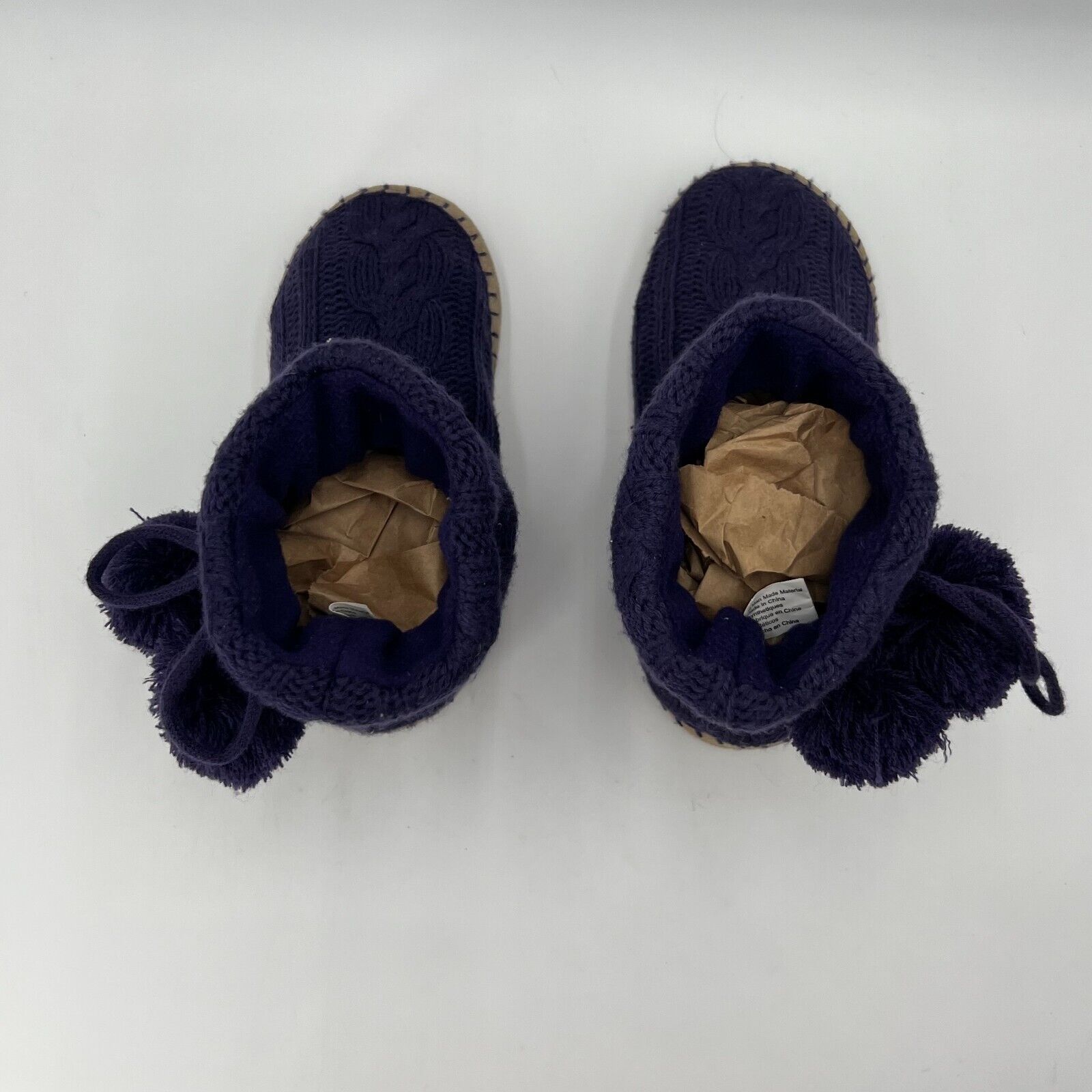 American Eagle Knit Slipper Boots Draw String Purple Puff Ball Womens Size 9-10