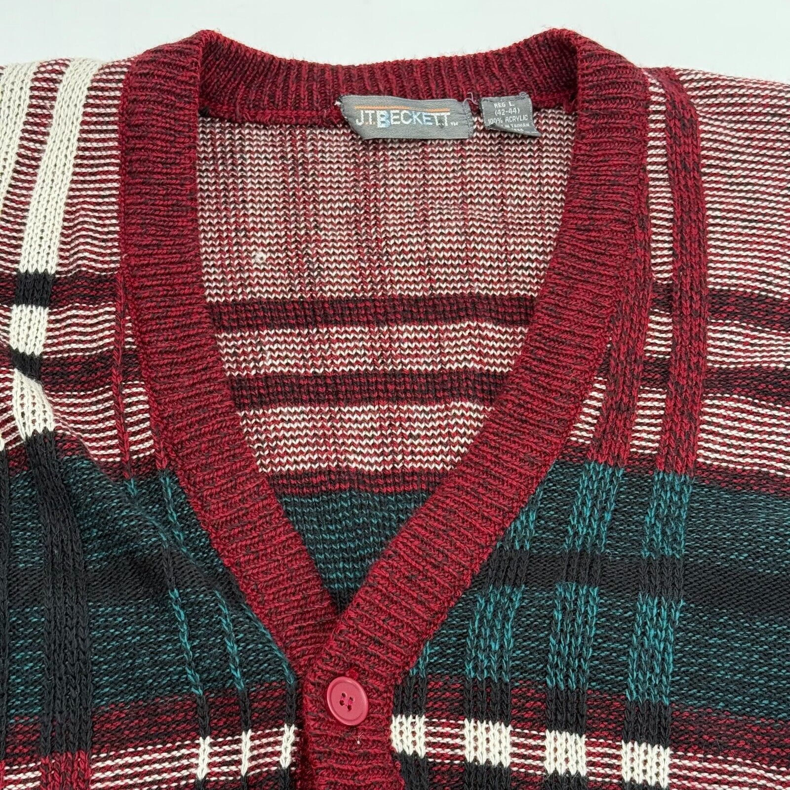 Vintage 80s J.T Beckett Unisex Vneck Button Plaid Cardigan Sweater Holiday Sz L