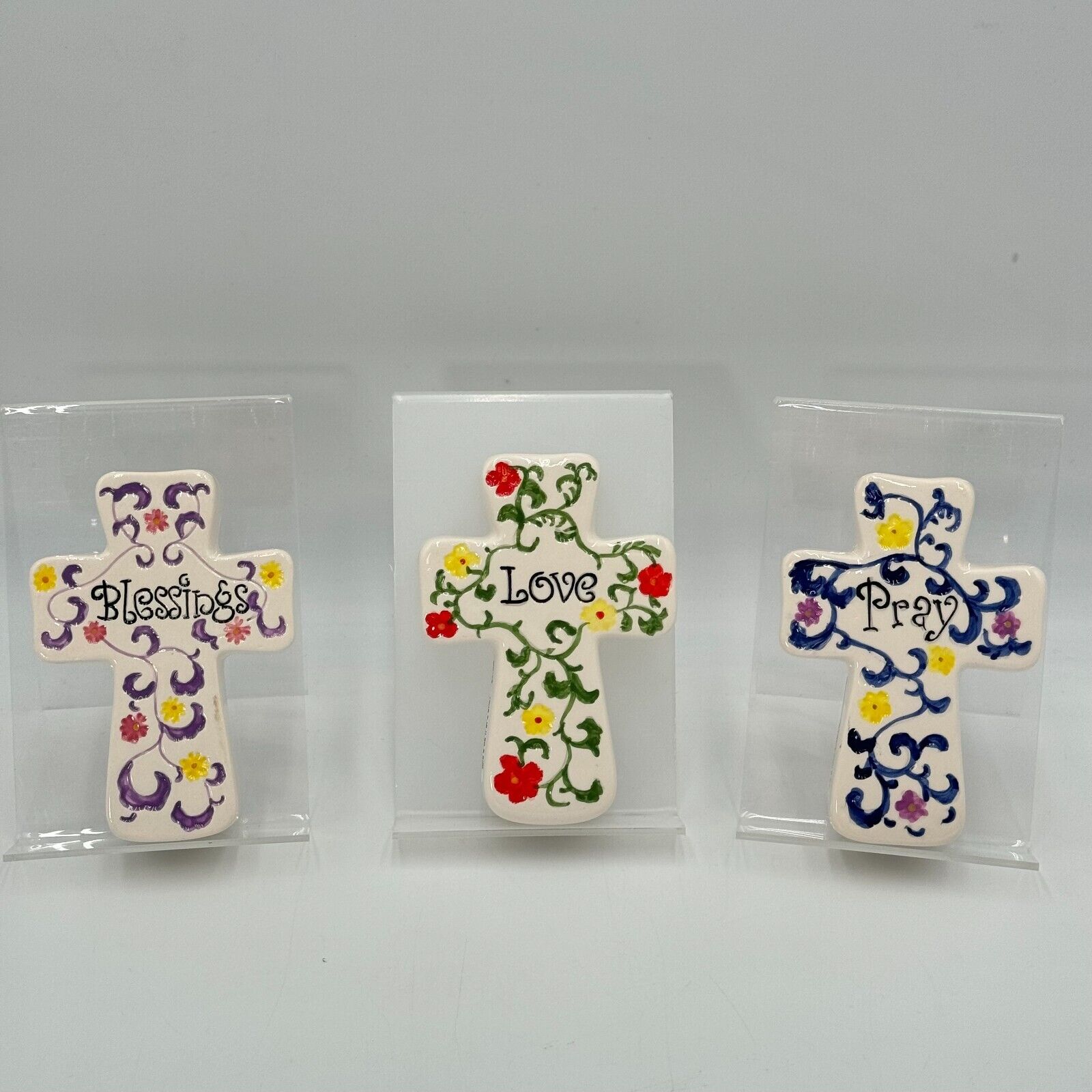 Set of 3 Ceramic Cross Wall Art Colorful Floral Blessings Love Pray Hanging 5in