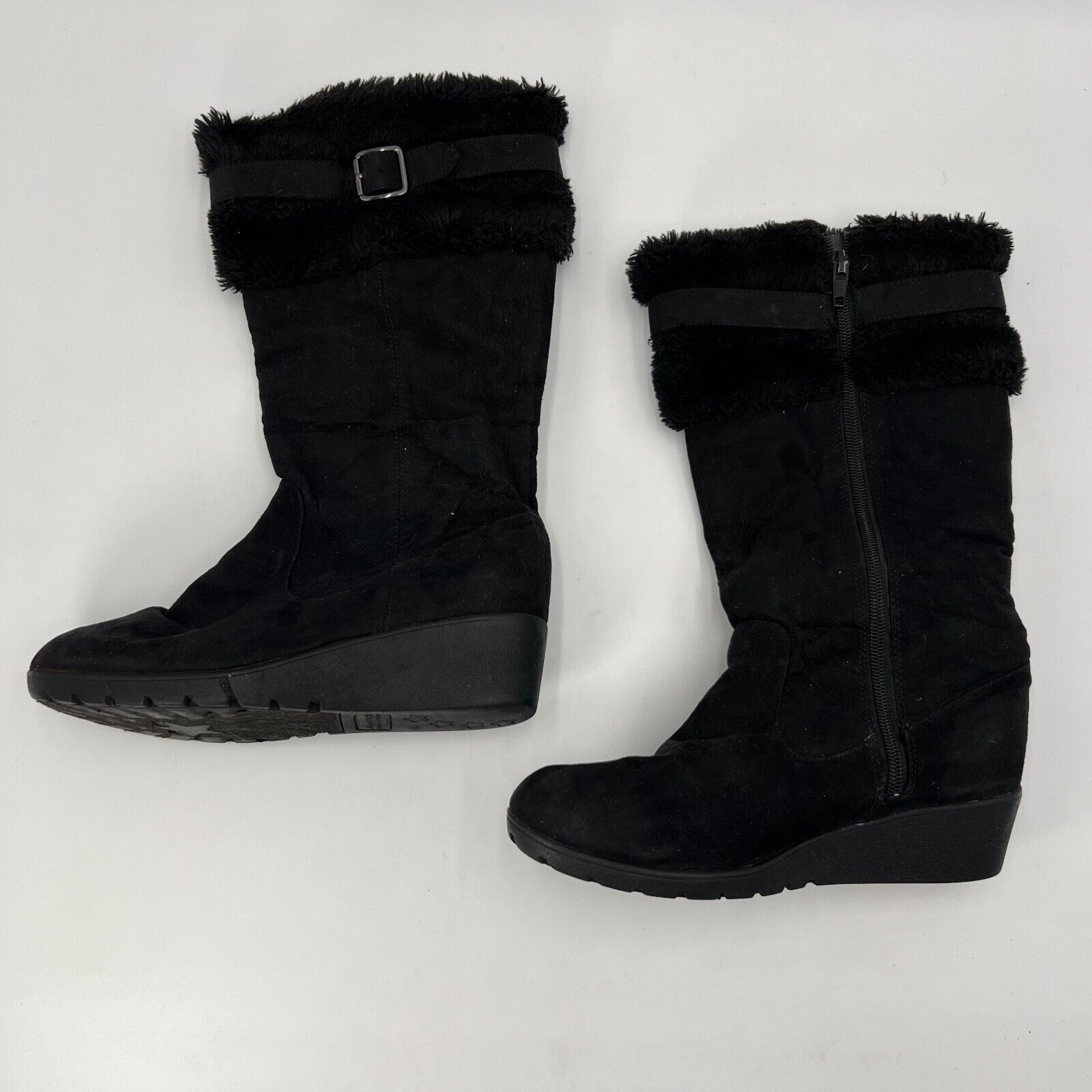 American Eagle AE Faux Fur Mid Calf Boot Side Zip Buckle Womens Size 4.5 US