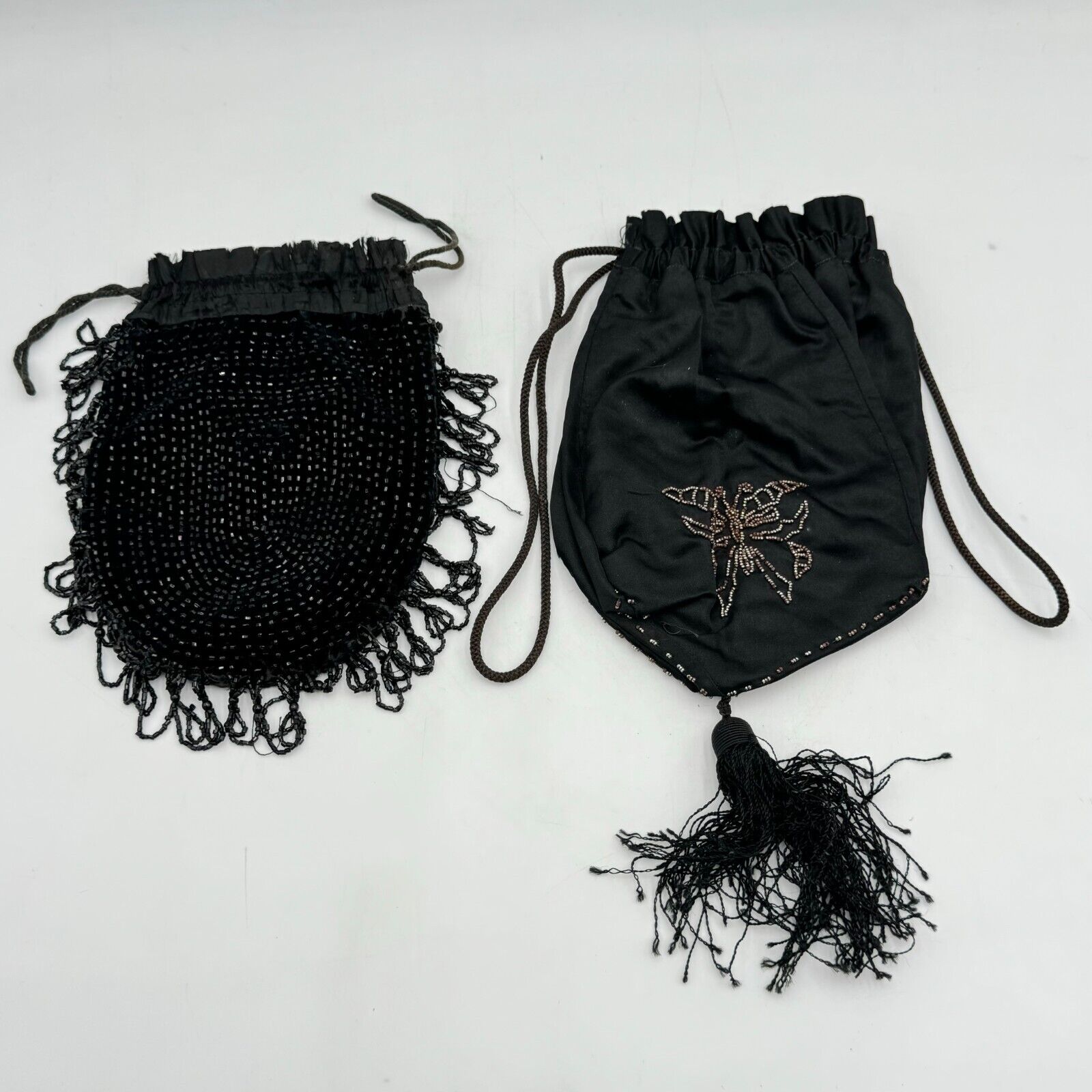 Lot of 2 Drawstring 9in Bags Purse Makeup Jewelry Black Beads Tassel Butterfly