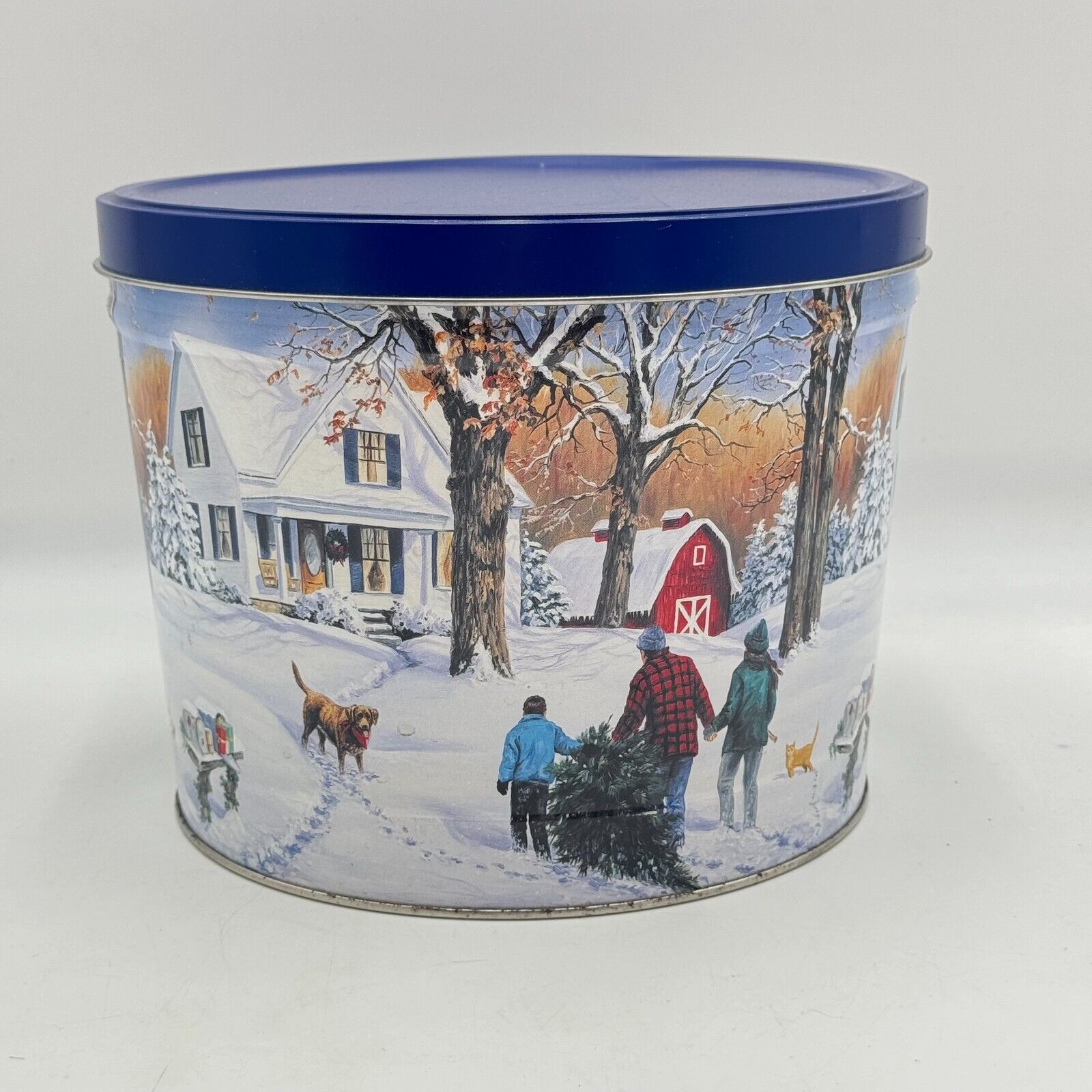 2 Large Christmas Popcorn Tins Snowy Farmhouse 11in Disney Mickey Minnie Donald