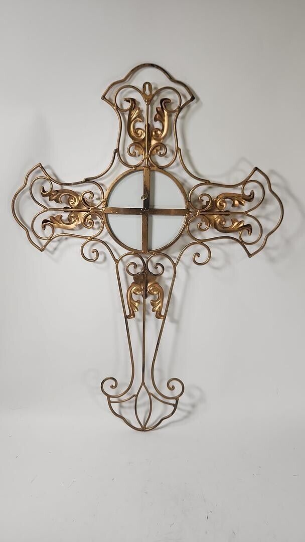 Intricate Decorative Gold Pleated Metal Cross Centered W/ Round Bejeweled Mirror