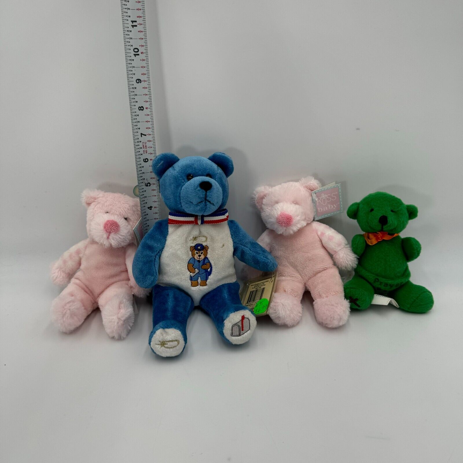 Lot of 4 Teddy Bear Beanie Baby Blue Postal Worker Green Prayer Bear Pink NWT