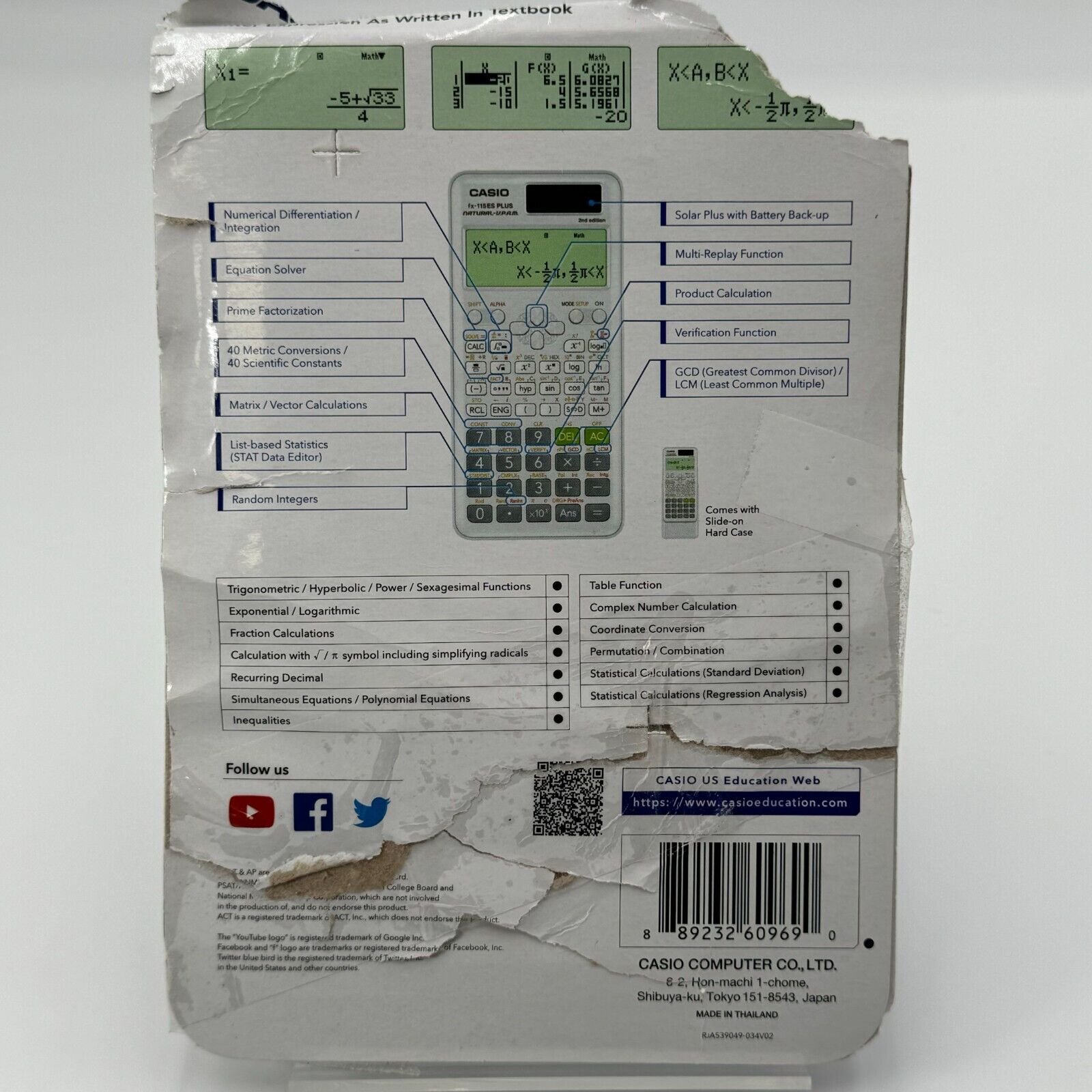 CASIO FX-115ES PLUS Scientific Natural Textbook Display Solar Calculator & Cover