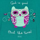 Small Adult Kerusso Green Purple Turquoise Owl God is Good Christian T-Shirt NWT