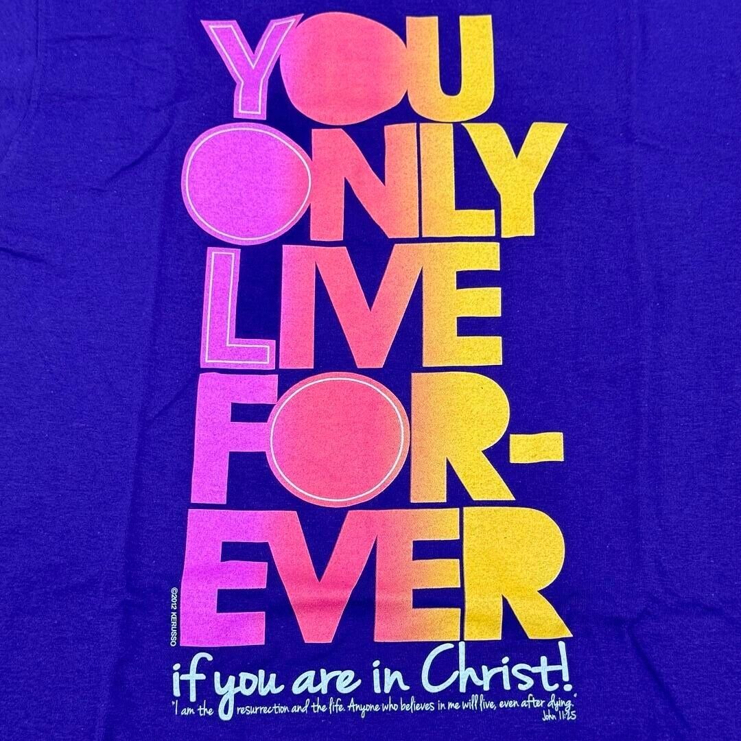 Kerusso "You Only Live Forever" Crewneck Christian T-Shirt Purple Neon Unisex S