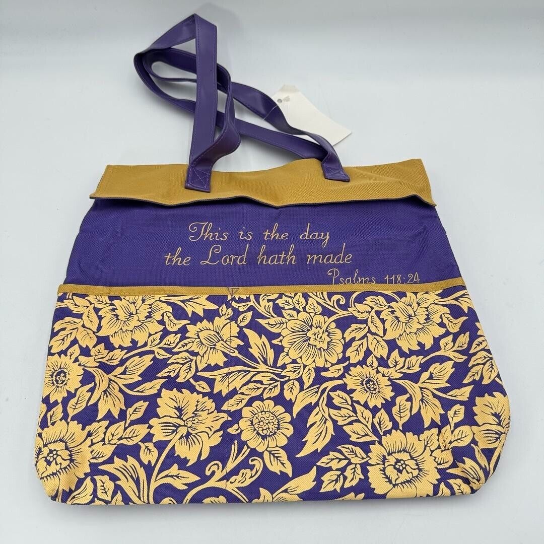 Polyester Purple Gold Floral Water Repellent Tote Bag Zip Pocket Psalms NWT