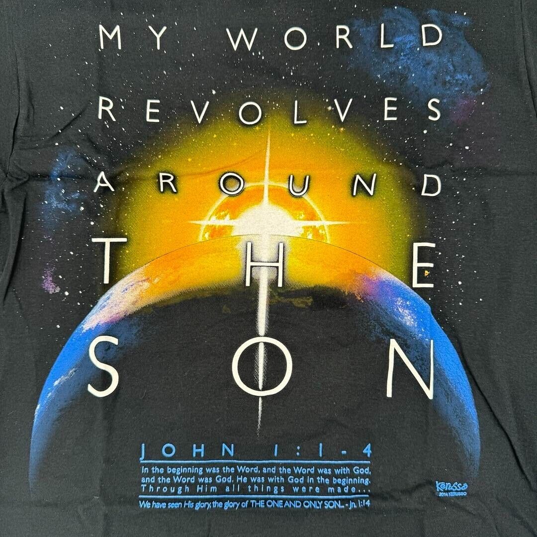 Small Adult Kerusso Black Blue Space John 1,1-4 Christian Adult T-Shirt NWT