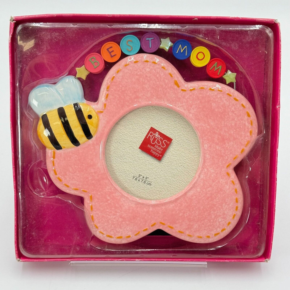 Russ Skribbles 3x3in Round Photo Frame Pink Flower Bumble Bee Best Mom NIB