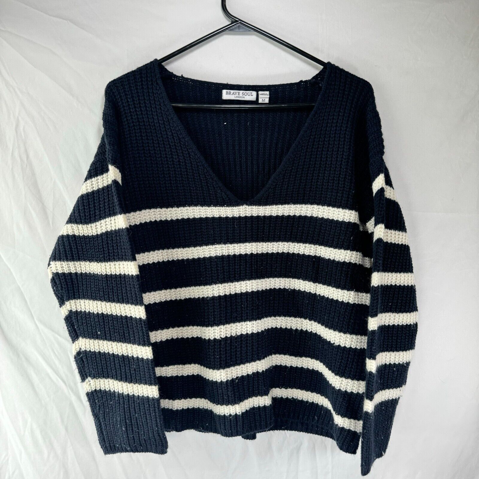 Brave Soul London Knit Pullover Sweater Navy Blue White Stripes Womens Size M