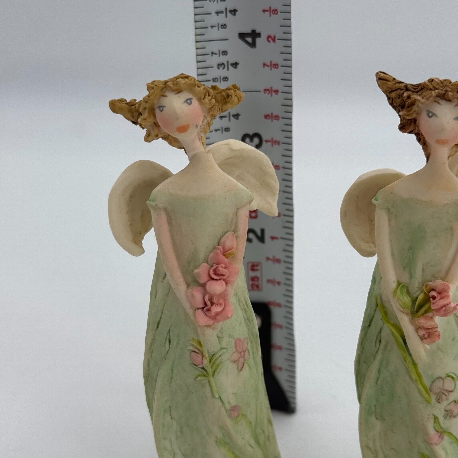 Pair of Angel Figurines 4in Ceramic Stutues Green Dress Pink Flowers Spring